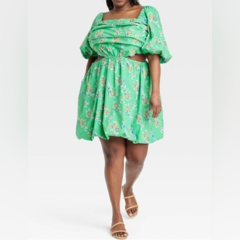 2X 100% Cotton Puff Short Sleeve Cutout Bubble A-Line Smock Back Midi Dress